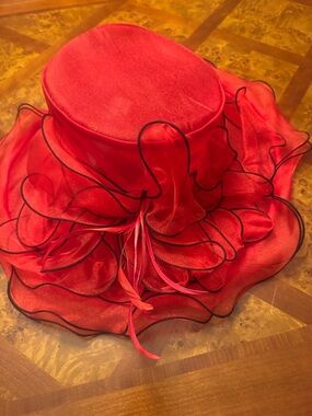 Women's Red Ruffle Organza Dress Hat with Feather Accent